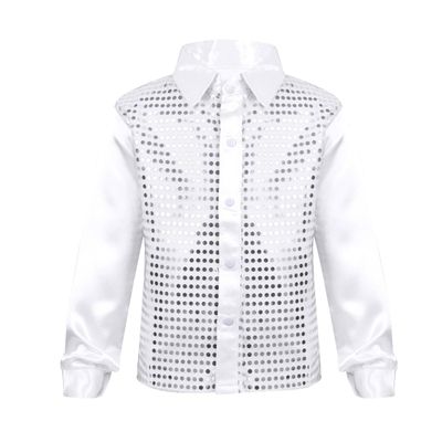 YONGHS Kids Boys Sparkly Sequins Hip Hop Performance Shirts Glittery Sequined Long Sleeve Spread Collar Dancewear White 7-8