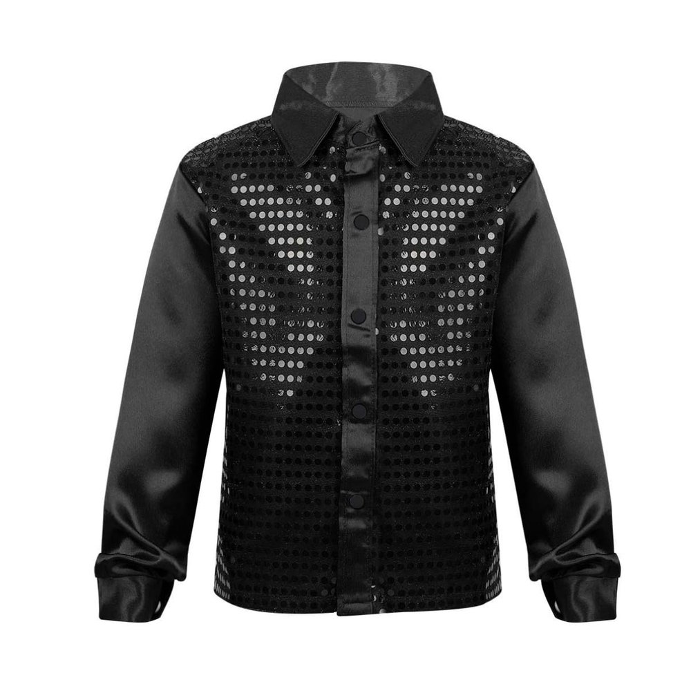 YONGHS Kids Boys Sparkly Sequins Hip Hop Performance Shirts Glittery Sequined Long Sleeve Spread Collar Dancewear Black 8-10