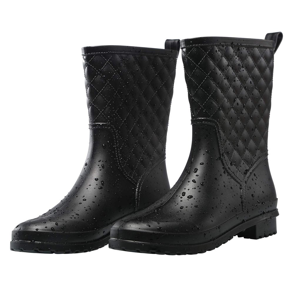 Petrass Women Rain Boots Black Waterproof Mid Calf Lightweight Cute Booties Fashion Out Work Comfortable Garden Shoes, Black 8.5