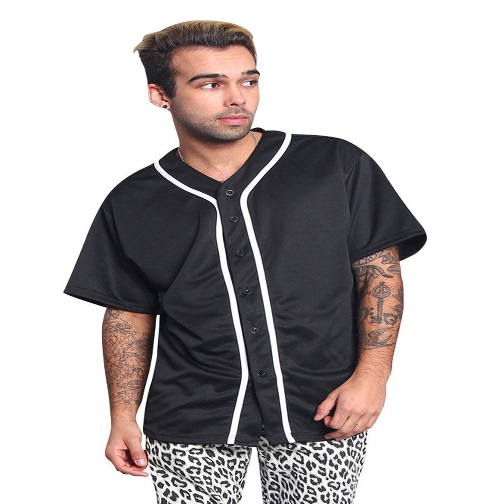 Men's Classic Baseball Jersey Shirt Button Down BJ42 - Black - 5X-Large