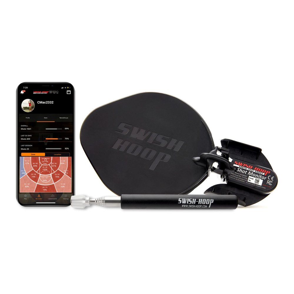 Swish Hoop Shot Monitor | Basketball Electronic Shot Tracker | Automated Video Shot Breakdown | Includes telescoping installaton Swish-STIC and iPhone/Android App
