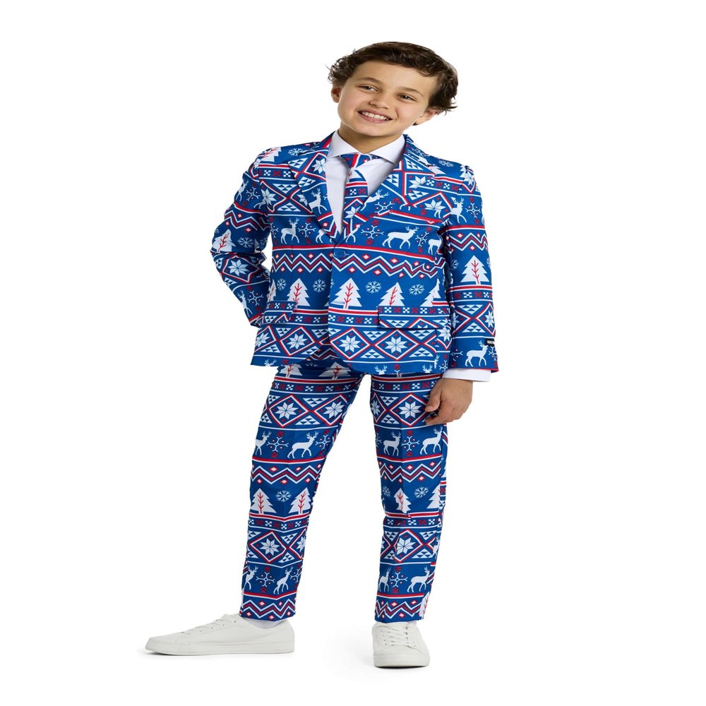 Suitmeister Boys Christmas Suit - Festive Ugly X-Mas Clothing- Blue - White Nordic Holiday Print - Includes Blazer, Pants - Tie