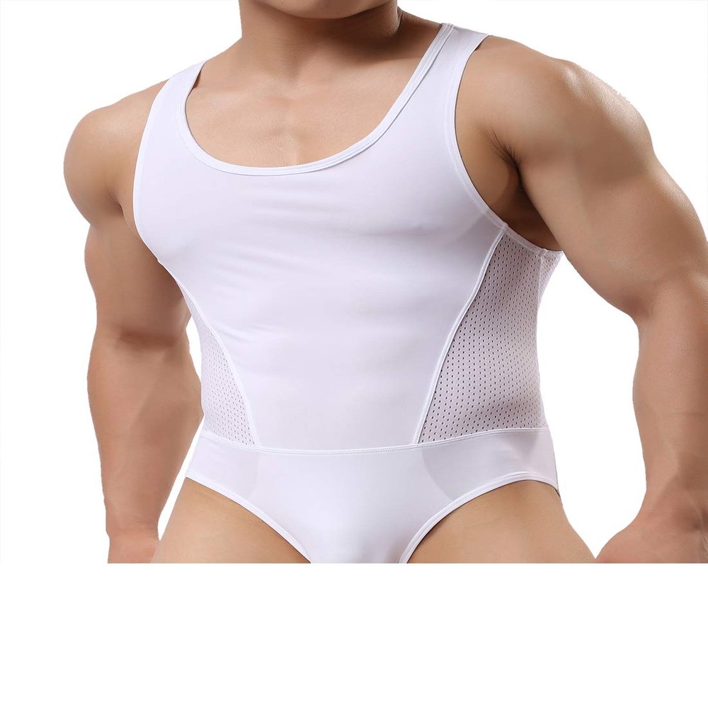 BRAVE PERSON Men's Figure-Shape Bodysuits Elastic Workout Clothes Swimwear 2241 (L / 30"-35'', White)