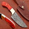 9.5" Long Full Tang Blade Skinning Knife, Rain Drop Pattern Straight Back Hand Forged Damascus Steel, Walnut Wood Scale with Brass Bolster, Cow Leather Sheath (Red) view 1
