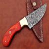9.5" Long Full Tang Blade Skinning Knife, Rain Drop Pattern Straight Back Hand Forged Damascus Steel, Walnut Wood Scale with Brass Bolster, Cow Leather Sheath (Red) view 2