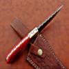 9.5" Long Full Tang Blade Skinning Knife, Rain Drop Pattern Straight Back Hand Forged Damascus Steel, Walnut Wood Scale with Brass Bolster, Cow Leather Sheath (Red) view 4