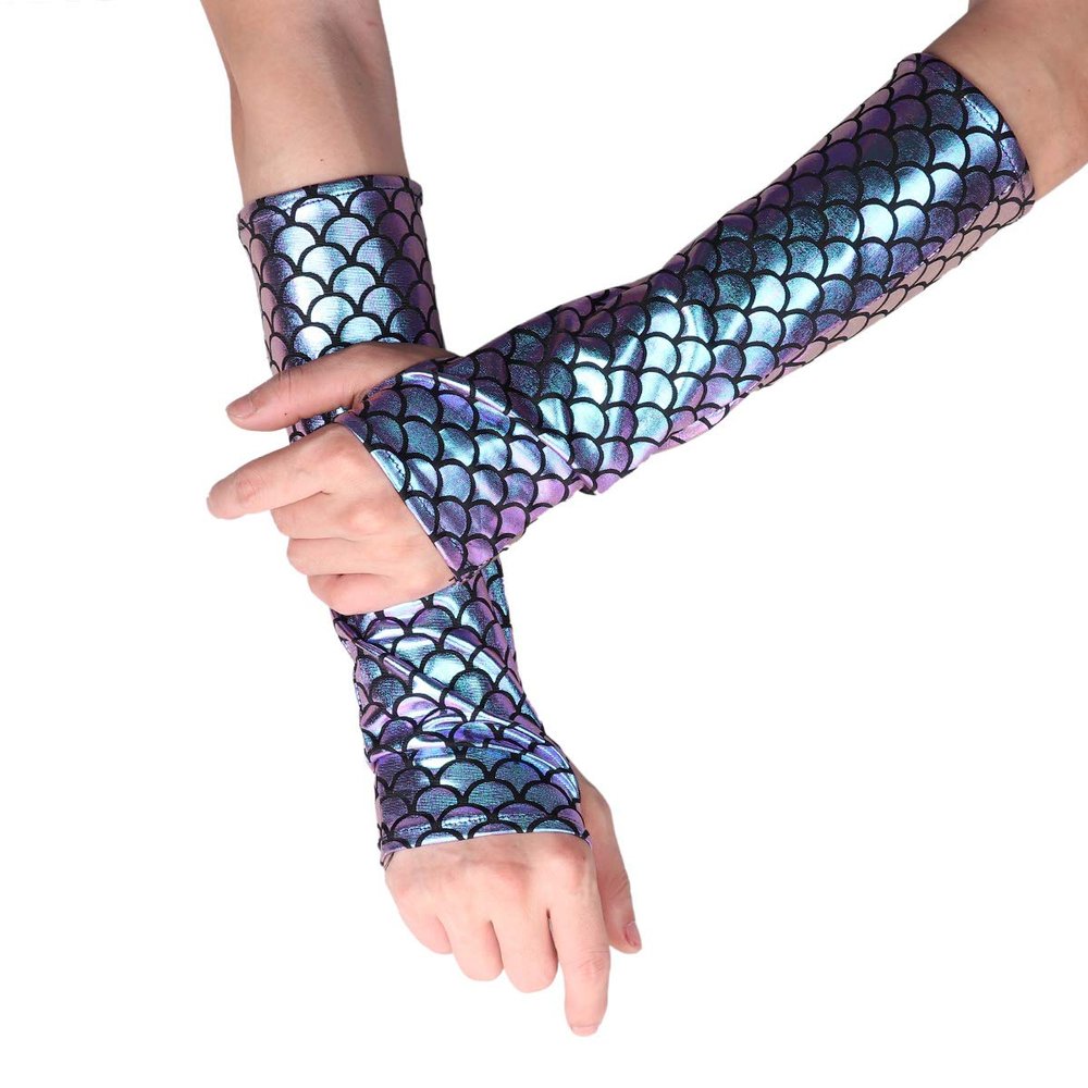 iiniim Ladies Women Mermaid Fish Scale Printed Long Gloves Hand Warmer Blue & Purple One Size