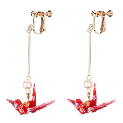 Red Thousand Paper Crane Long Thread Dangle Simulated-Pearl Clip On Earrings Non-Pierced Jewelry