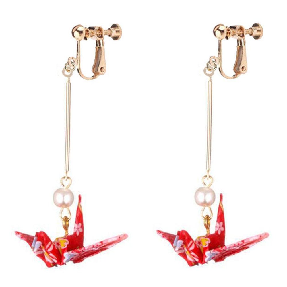 Red Thousand Paper Crane Long Thread Dangle Simulated-Pearl Clip On Earrings Non-Pierced Jewelry