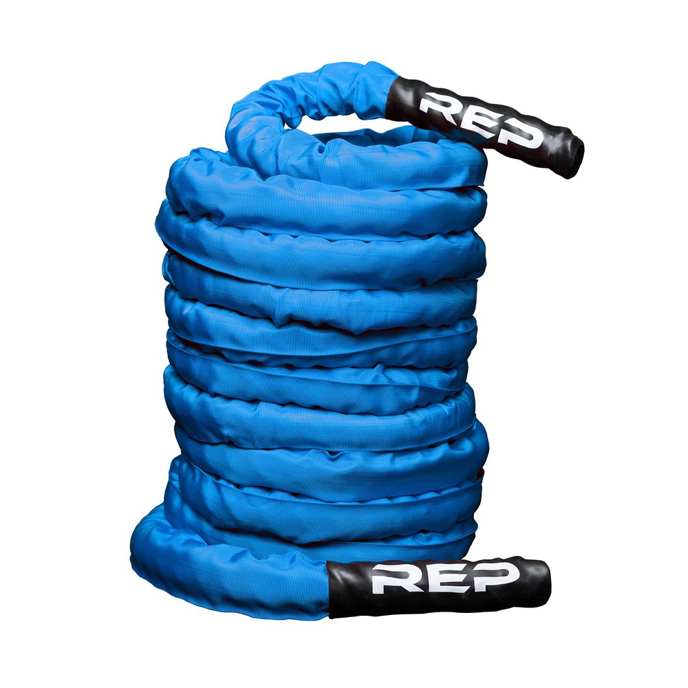 REP Battle Ropes - PolyDacron Battle Rope for Strength and Conditioning Workouts  1.5" and 2" Diameter, 30ft, 40ft, 50ft Lengths with Optional Cover Sleeve (Blue With Sleeve, 2.0 x 50 ft)