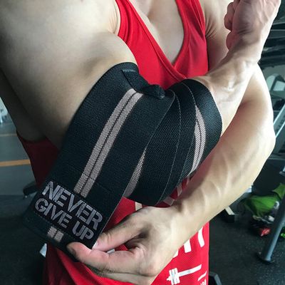 HYFAN Professional Elbow Wraps Elastic Straps Brace Support Protector for Weightlifting Workout Bodybuilding Gym Fitness (Double Stripe, Gray)
