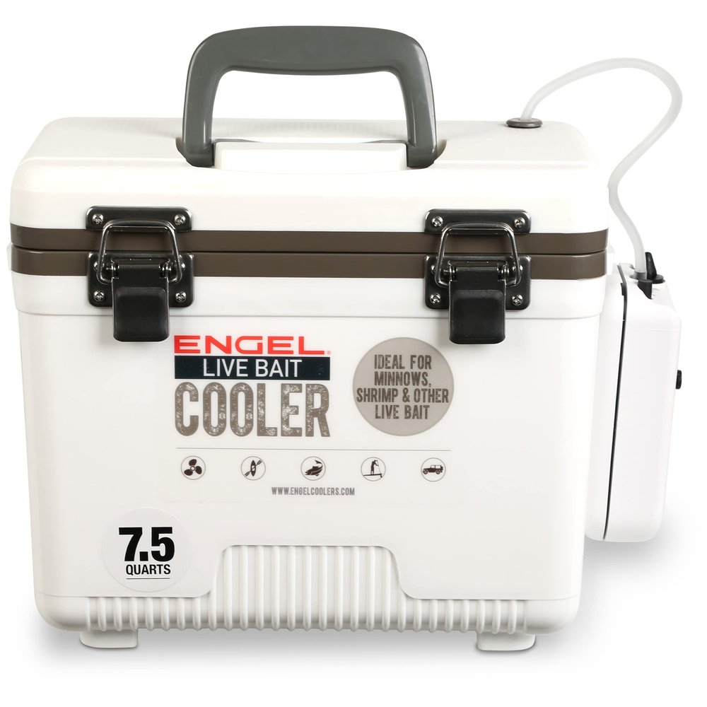 Engel 7.5qt Live Bait Cooler Box with 2nd Gen 2-Speed Aerator Pump - Portable Fishing Station & Minnow Bucket for Shrimp & Other Live Fish with Aerator - ENGLBC7-N in White