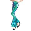 FYMNSI Womens Wetlook Mermaid Wide Leg Flared Bootcut Palazzo Hippie Pants Metallic Bell Bottom Retro 70s Trousers Laser Blue L view 2