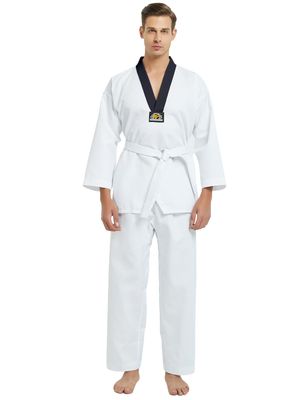 TopTie V-Neck Taekwondo Uniform for Kids Adults, TKD Dobok Uniform Martial Arts Uniform with Belt-black trim-Size 1