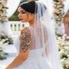 Aukmla Beaded Edge Wedding Veil Fingertip Length Crystal and Pearl Edge Veil Bridal Veil with Comb view 2
