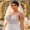 Aukmla Beaded Edge Wedding Veil Fingertip Length Crystal and Pearl Edge Veil Bridal Veil with Comb view 4
