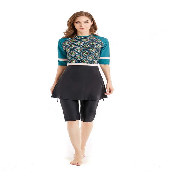 Womens Modest Muslim Burkini Swimwear Rash Guard Surfing Suit Maillot Short Sleeve Swimsuit (Floral, XX-Large)