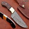 9.5" Long Full Tang Blade Skinning Knife, Rain Drop Pattern Straight Back Hand Forged Damascus Steel, Walnut Wood Scale with Brass Bolster, Cow Leather Sheath (Brown) view 2