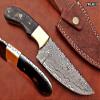 9.5" Long Full Tang Blade Skinning Knife, Rain Drop Pattern Straight Back Hand Forged Damascus Steel, Walnut Wood Scale with Brass Bolster, Cow Leather Sheath (Black) view 1