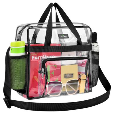 MAY TREE Clear Bag for Stadium Events 12612 Clear Tote Lunch Bag with Reinforced Straps for Work, Sporting Events and Gym, Black
