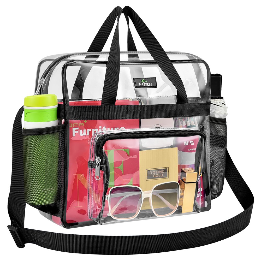 MAY TREE Clear Bag for Stadium Events 12612 Clear Tote Lunch Bag with Reinforced Straps for Work, Sporting Events and Gym, Black