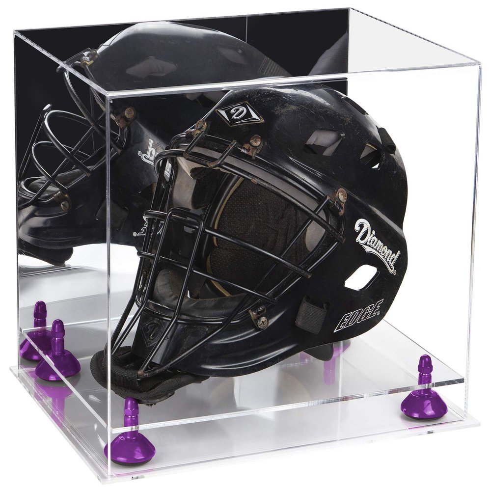 Better Display Cases Acrylic Catchers Helmet Display Case with Mirror, Purple Risers and Clear Base (A002-PR)