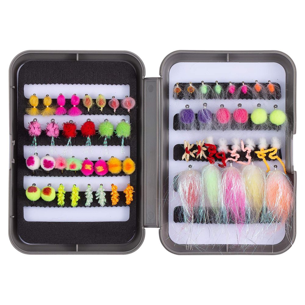 BASSDASH 57pcs Fly Fishing Egg Flies Kit with Fly Box for Steelhead Salmon Trout Fishing Include Egg Flies, Worms, Streamers