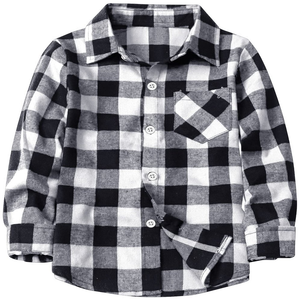 Boys' Plaid Shirt, Button Down Long Sleeve Flannel Plaid Shirt for Toddlers Little & Big Boys Girls, Flannel# Black + White, 4-5 Years = Tag 120