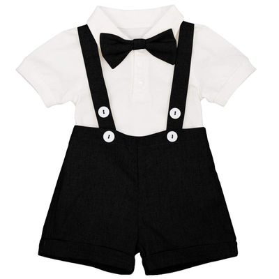 Baby Boys Formal Suit Gentleman Bowtie + Summer Short Sleeve Romper + Suspenders Shorts Button Bib Pants Wedding Tuxedo Outfits 1st/2nd Birthday Cake Smash Christening Clothes 3pcs Set Black 0-6M