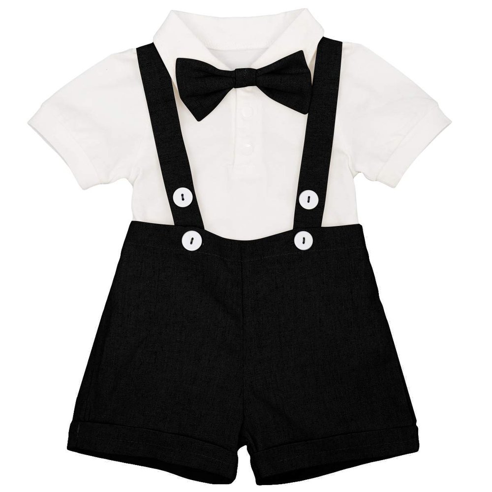 Baby Boys Formal Suit Gentleman Bowtie + Summer Short Sleeve Romper + Suspenders Shorts Button Bib Pants Wedding Tuxedo Outfits 1st/2nd Birthday Cake Smash Christening Clothes 3pcs Set Black 0-6M