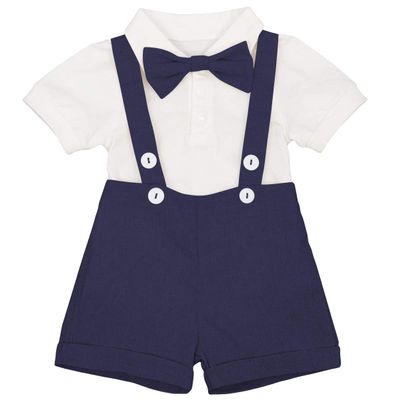 IDOPIP Baby Boys Formal Suit Gentleman Bowtie + Summer Short Sleeve Romper + Suspenders Shorts Button Bib Pants Wedding Tuxedo Outfits Birthday Cake Smash Christening Clothes 3pcs Set Navy Blue 0-6M