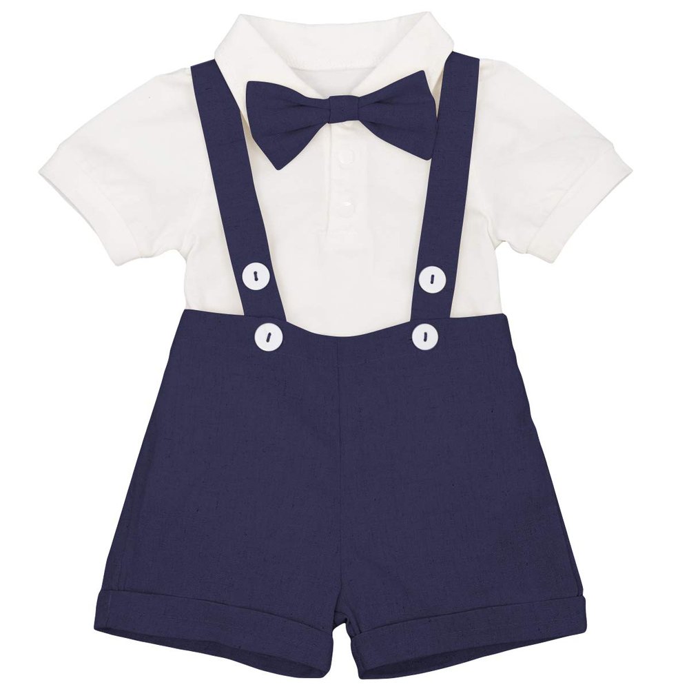 IDOPIP Baby Boys Formal Suit Gentleman Bowtie + Summer Short Sleeve Romper + Suspenders Shorts Button Bib Pants Wedding Tuxedo Outfits Birthday Cake Smash Christening Clothes 3pcs Set Navy Blue 0-6M