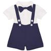 IDOPIP Baby Boys Formal Suit Gentleman Bowtie + Summer Short Sleeve Romper + Suspenders Shorts Button Bib Pants Wedding Tuxedo Outfits Birthday Cake Smash Christening Clothes 3pcs Set Navy Blue 0-6M view 1