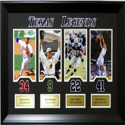 Framed Deluxe Hockey Texas Legends. Nolan Ryan, Mike Modano, Emmitt Smith, Dirk Nowitzki SKU #4014