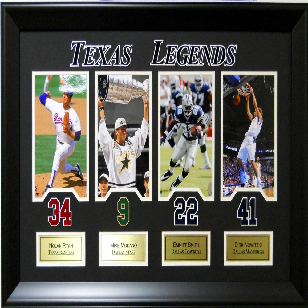 Framed Deluxe Hockey Texas Legends. Nolan Ryan, Mike Modano, Emmitt Smith, Dirk Nowitzki SKU #4014