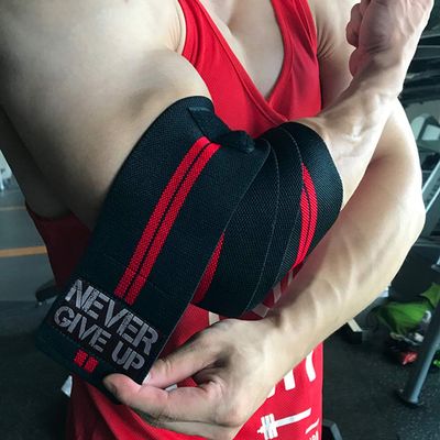HYFAN Professional Elbow Wraps Elastic Straps Brace Support Protector for Weightlifting Workout Bodybuilding Gym Fitness (Double Stripe, Red)