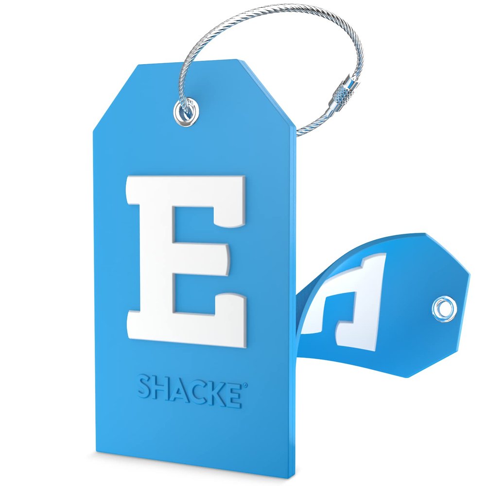 Shacke Initial Luggage Tag with Full Privacy Cover and Stainless Steel Loop - Aqua Teal (Letter E)