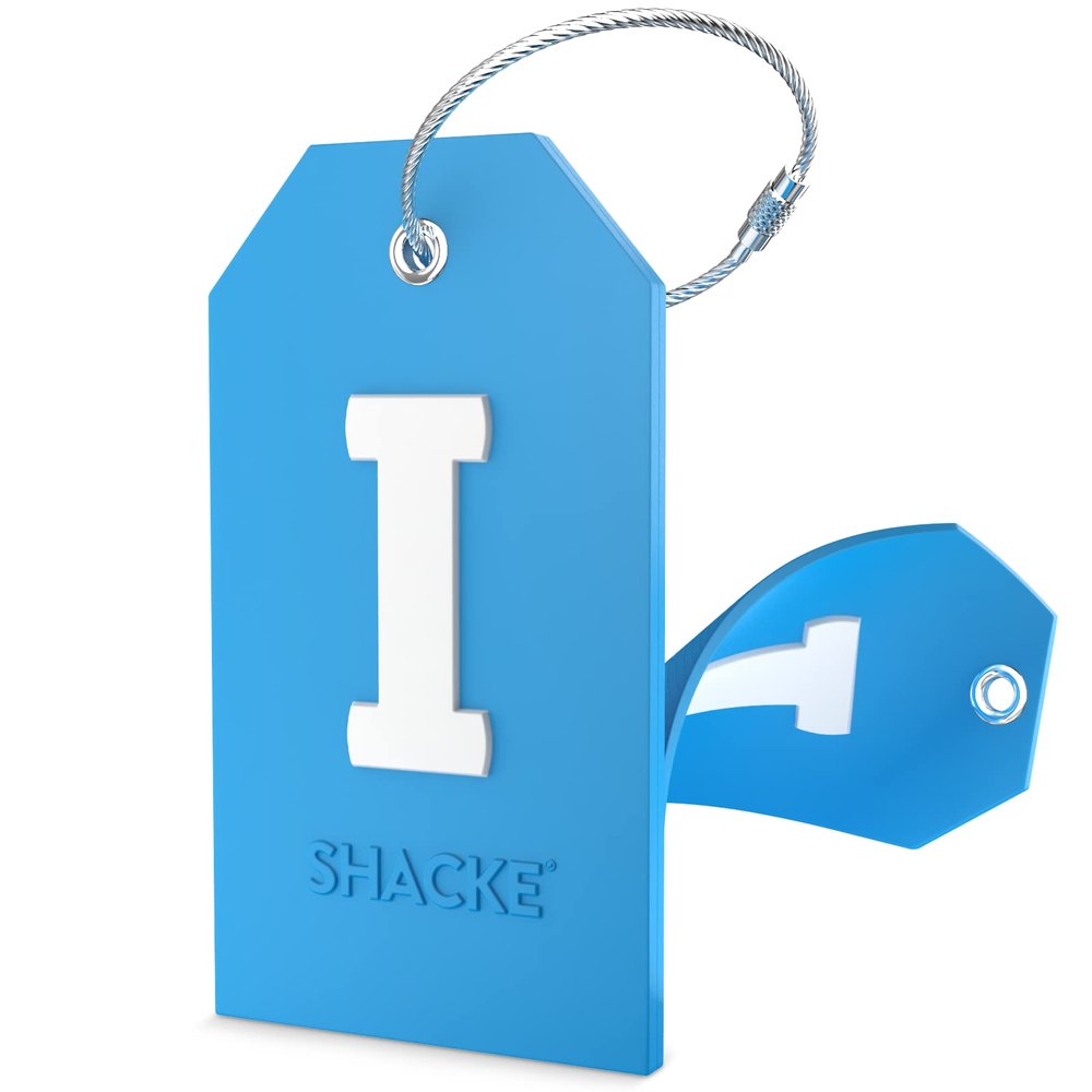 Shacke Initial Luggage Tag with Full Privacy Cover and Stainless Steel Loop - Aqua Teal (Letter I)