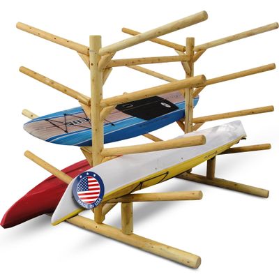 10-Place Log Kayak Storage Rack Free-standing Kayak Rack Outdoor, Lakeside Canoe Storage Rack SUP Storage, Paddle Board Racks, Surfboard Stand, Sports & Outdoors Racks, SUP Kayaks - Natural