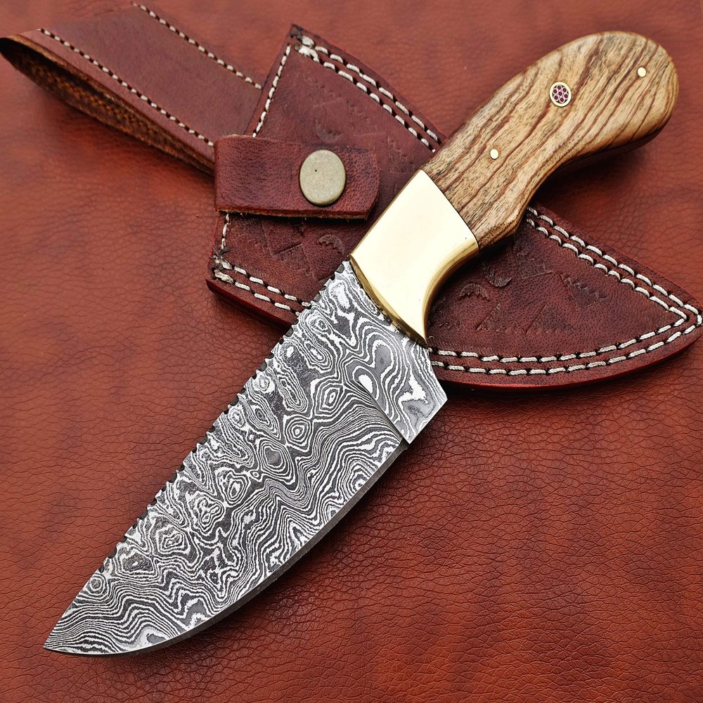 9.5" Long Full Tang Blade Skinning Knife, Rain Drop Pattern Straight Back Hand Forged Damascus Steel, Walnut Wood Scale with Brass Bolster, Cow Leather Sheath (Yellow)