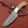 9.5" Long Full Tang Blade Skinning Knife, Rain Drop Pattern Straight Back Hand Forged Damascus Steel, Walnut Wood Scale with Brass Bolster, Cow Leather Sheath (Yellow) view 1