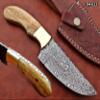 9.5" Long Full Tang Blade Skinning Knife, Rain Drop Pattern Straight Back Hand Forged Damascus Steel, Walnut Wood Scale with Brass Bolster, Cow Leather Sheath (Yellow) view 2