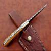 9.5" Long Full Tang Blade Skinning Knife, Rain Drop Pattern Straight Back Hand Forged Damascus Steel, Walnut Wood Scale with Brass Bolster, Cow Leather Sheath (Yellow) view 3