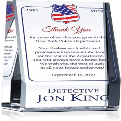 Personalized Crystal Policeman Retirement Gift Plaque for Him or For Her, Customized with Officer's Name, Service Period, Unique Retirement Award for Police, Sheriff, Law Enforcement Officer(M-6.5")
