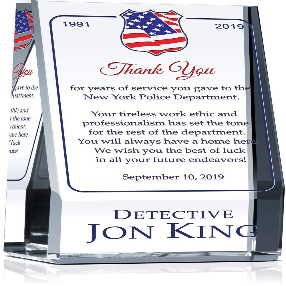 Personalized Crystal Policeman Retirement Gift Plaque for Him or For Her, Customized with Officer's Name, Service Period, Unique Retirement Award for Police, Sheriff, Law Enforcement Officer(M-6.5")