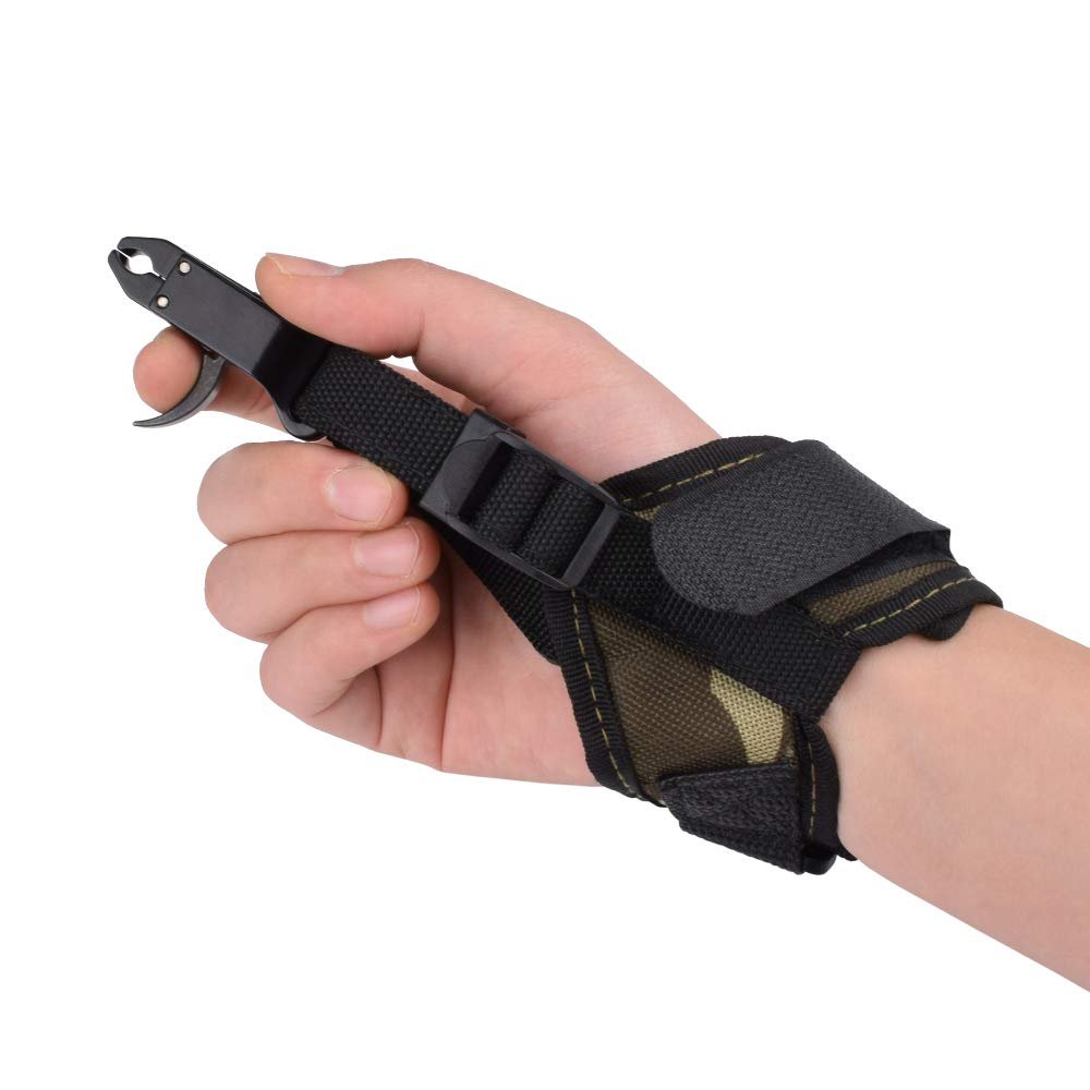 Archery Compound Bow Release Aid Trigger Caliper Shooting Camo/Black Design - Adjustable Black Wrist Strap (Pack of 1)