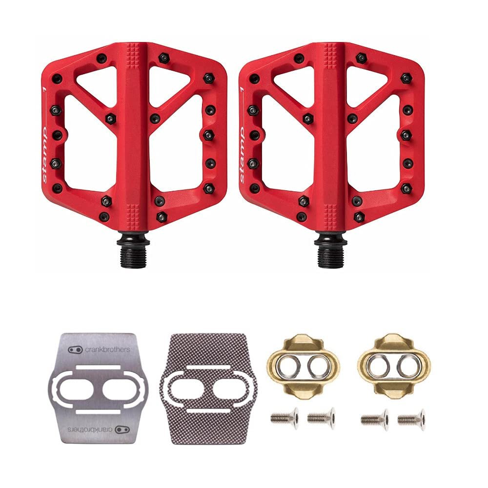 Crankbrothers Stamp 1 MTB Bike Pedals Pair (Red, Large) with Premium Cleats and Shoe Shields Set