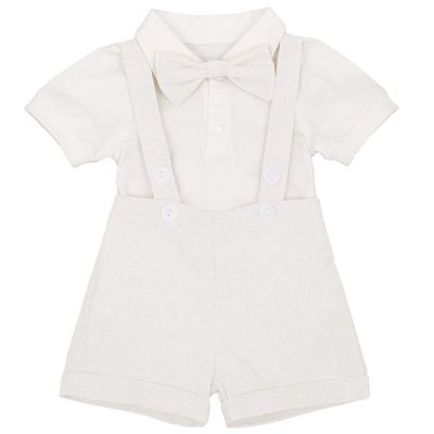 Baby Boys Formal Suit Gentleman Bowtie + Summer Short Sleeve Romper + Suspenders Shorts Button Bib Pants Wedding Tuxedo Outfits 1st/2nd Birthday Cake Smash Christening Clothes 3pcs Set White 12-18M