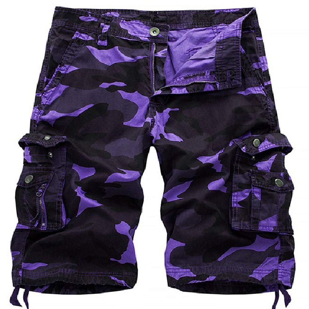 chouyatou Men's Active Normal Waist Loose Multi-Pocket Versatile Twill Cargo Shorts (29, Camo-Purple)
