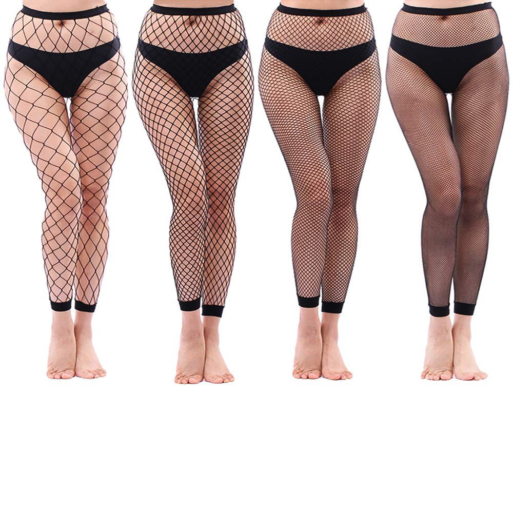 Abberrki Womens Sexy Fishnet Footless Tights High Waisted Net Footless Leggings (4 Pairs)
